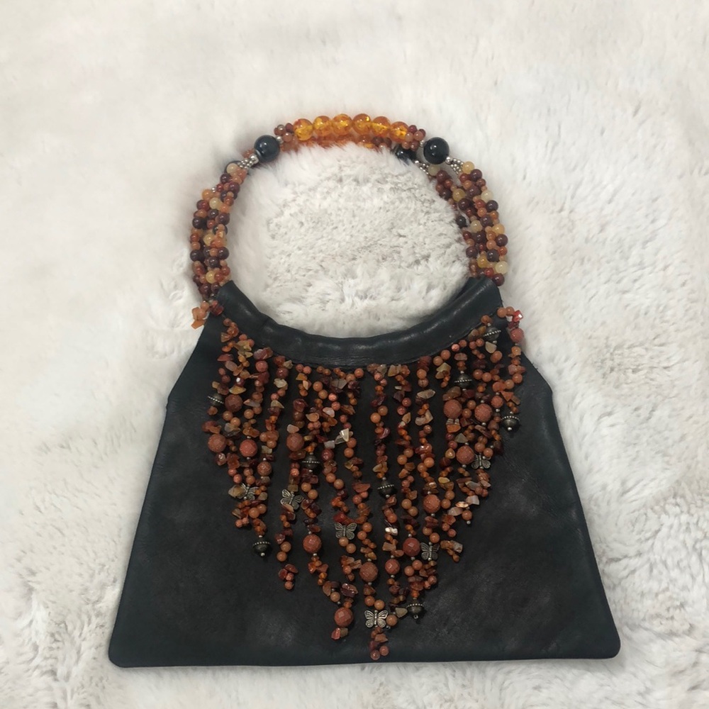 Handcrafted Natural full grain leather beaded purse